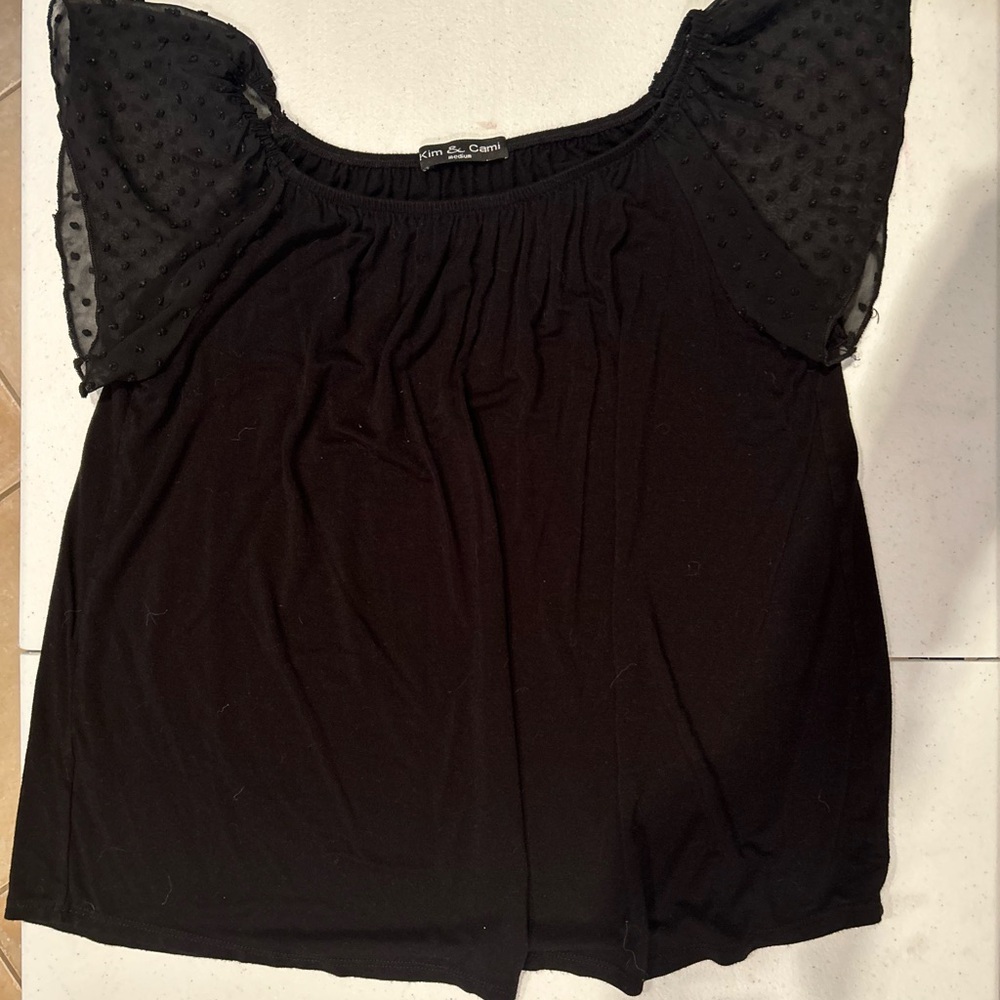 Kim & Cami Black Blouse with Sheer Polka Dot Sleeves Size Medium